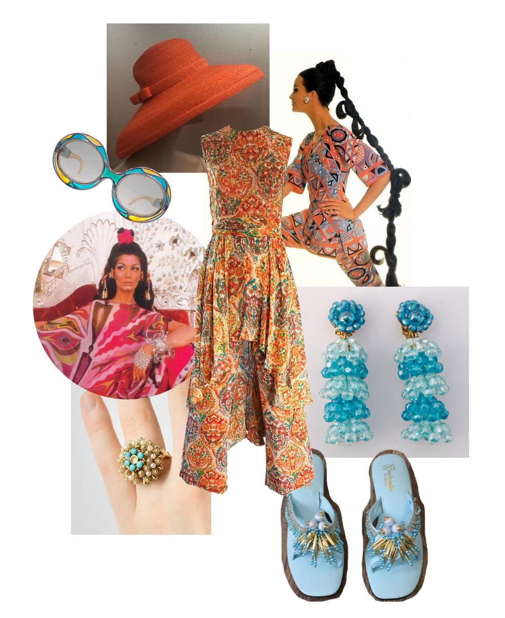 1960's chic bohemian, colourful patterned jumpsuit, orange raffia wide-brimmed flowerpot hat, blue and yellow stained-glass sunglasses, aqua beaded chandelier earrings, large gold and turquoise beaded ring, aqua flipflops with chunky beaded detail, photos of 60's models sporting elaborate hairstyles